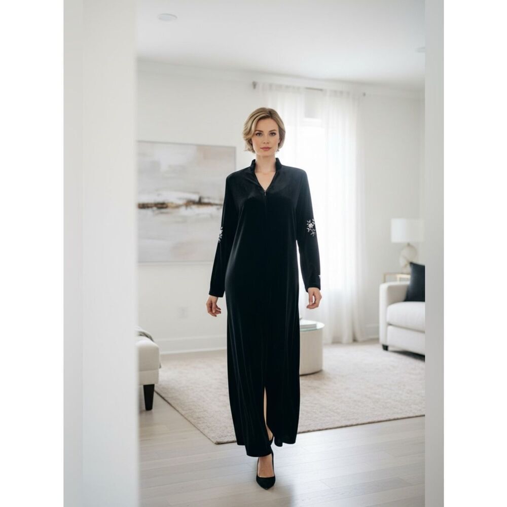 Oscar De La Renta Womens Velvet Long Sleeve Slit Caftan Robe Dress Black M